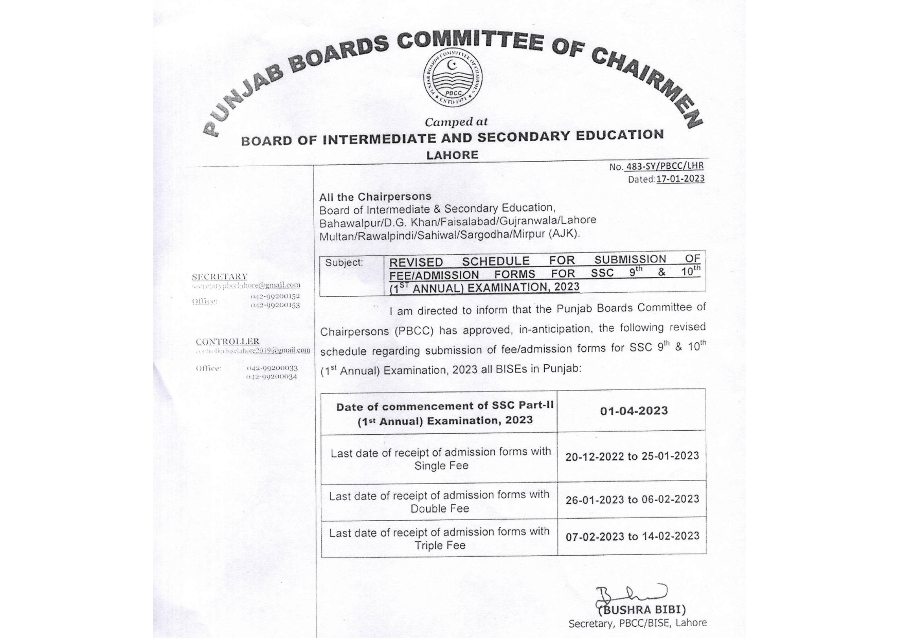 BISE Lahore board 9th Class Date Sheet 2024