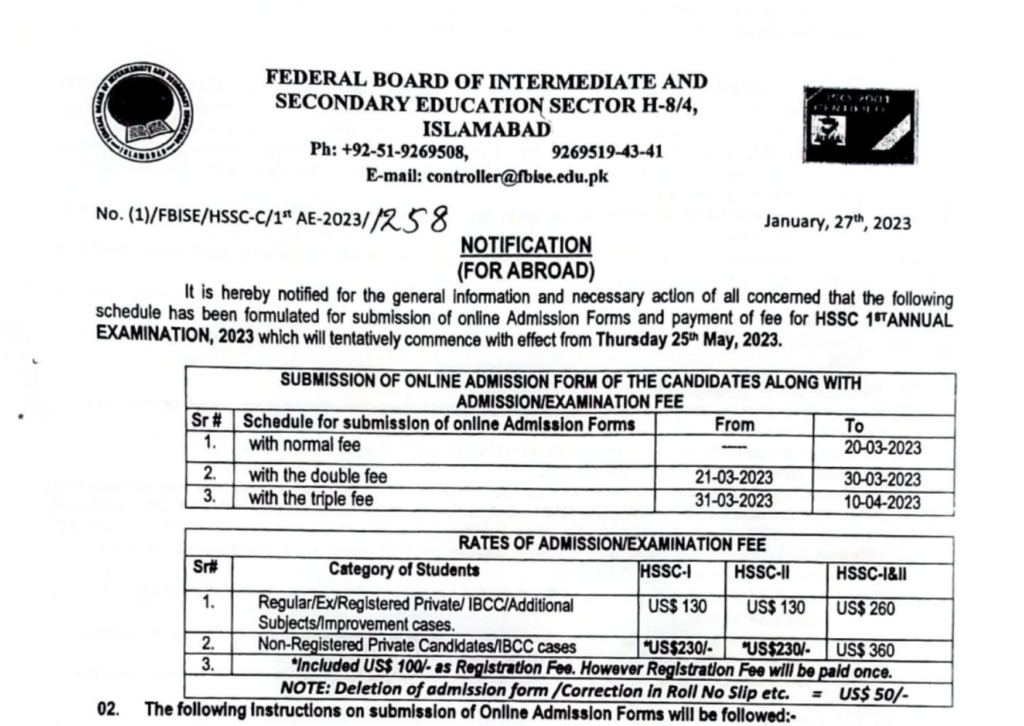 BISE Federal 9th Class Date Sheet 2023