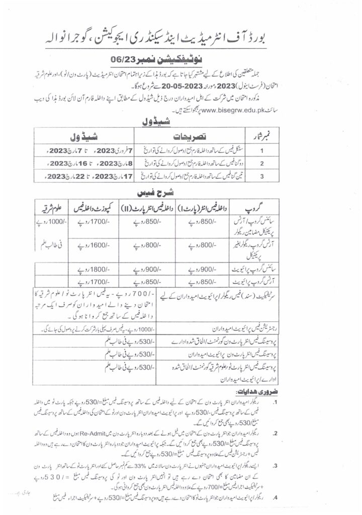 BISE Gujranwala 2nd Year -12th Class Date Sheet 2023