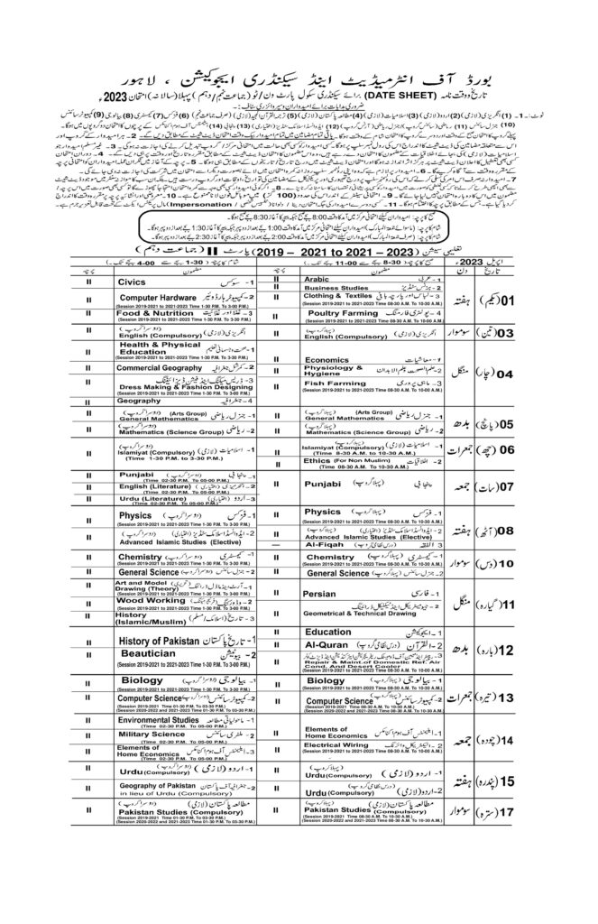 BISE Bahawalpur 10th Class Date Sheet 2023